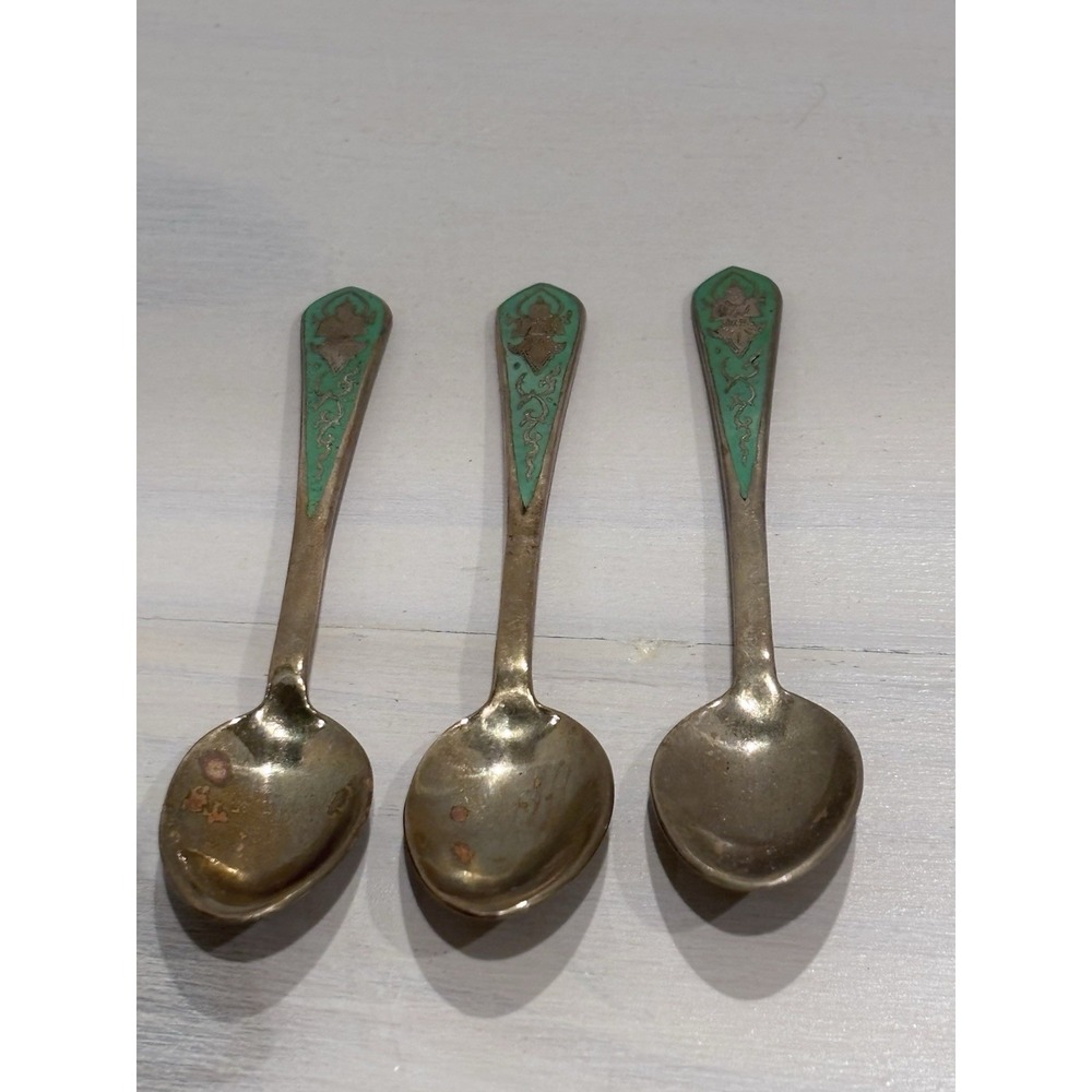 VTG Siam Thailand Demitasse Spoons Set 3 Brass Buddha Green Enamel Nickel Bronze